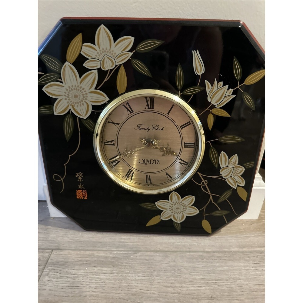 Quartz Family Clock Asian Inspired Black Floral-Works
